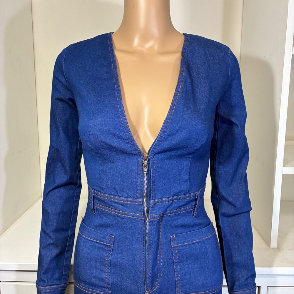Tiger Mist Denim Romper XS Blue Long Sleeve Zip Front V-Neck Mini Jumpsuit - Picture 6 of 9